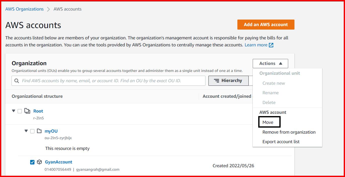 Picture showing the Move option for moving the account in the organizational unit